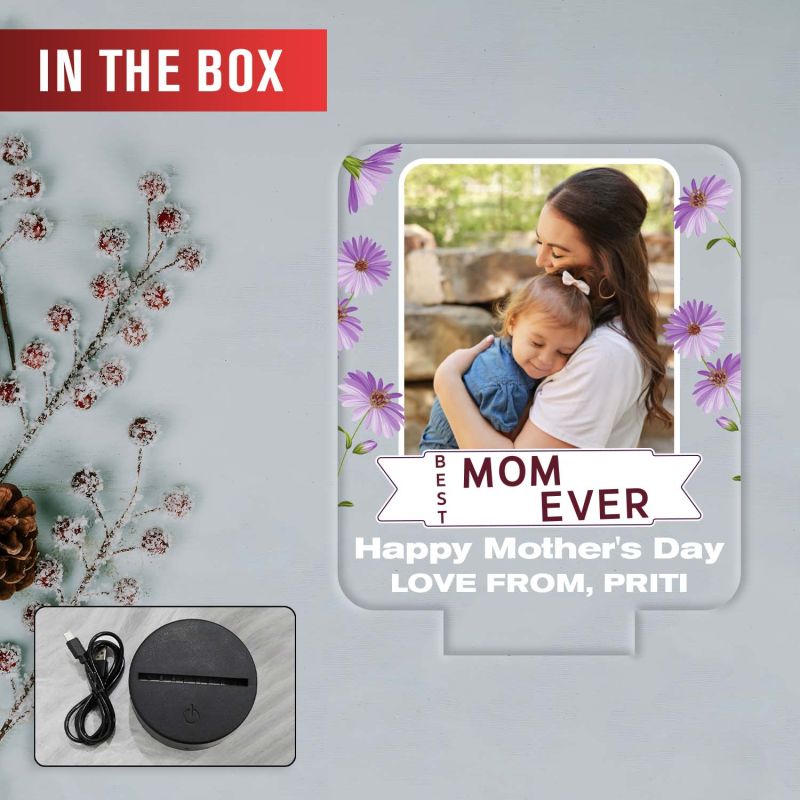 Personalized Mother’s Day LED Night Light Photo Frame | Best Mom Ever Quote Engraved Lamp Unique Birthday or Mothers Day Gift for Mom from Daughter or Son | Warm White Light